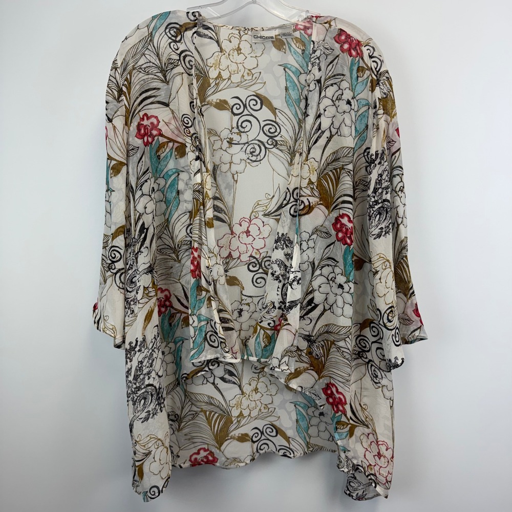 Chicos 100% Silk Floral Kimono Wrap Open Front Cardigan ML White Botanical Sheer